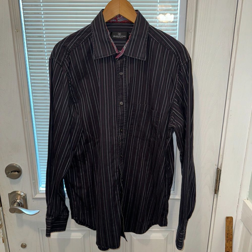 Bugatchi Uomo Shirt Mens XL‎ Black Striped Collar Lining Flip Cuffs 100%-Cotton